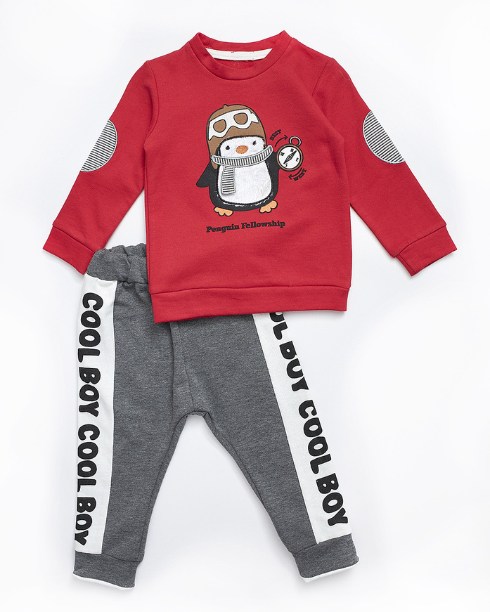 HASHTAG suit set in red color with penguin print.