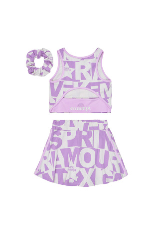 Σετ φούστα-σορτς SPRINT σε χρώμα γκρι με λιλά και ασορτί λάστιχο για τα μαλλιά.