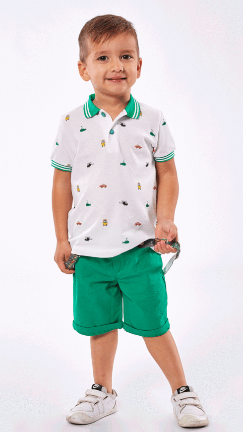 HASHTAG bermuda set, polo shirt and green bermuda shorts.