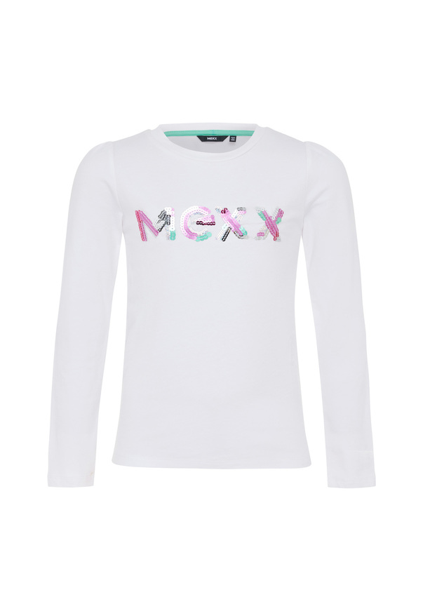 MEXX blouse in off-white color with sequin logo.