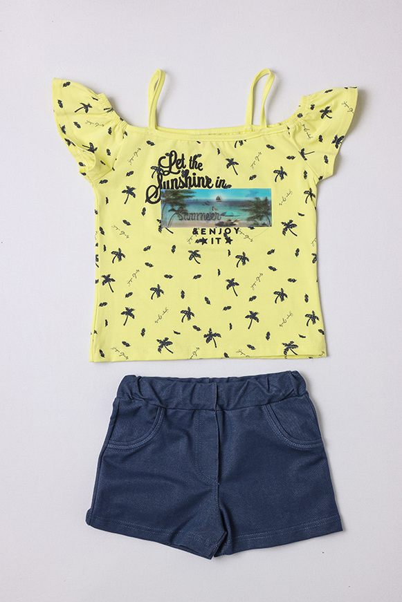 JOYCE shorts set, yellow top with palm trees and blue shorts.