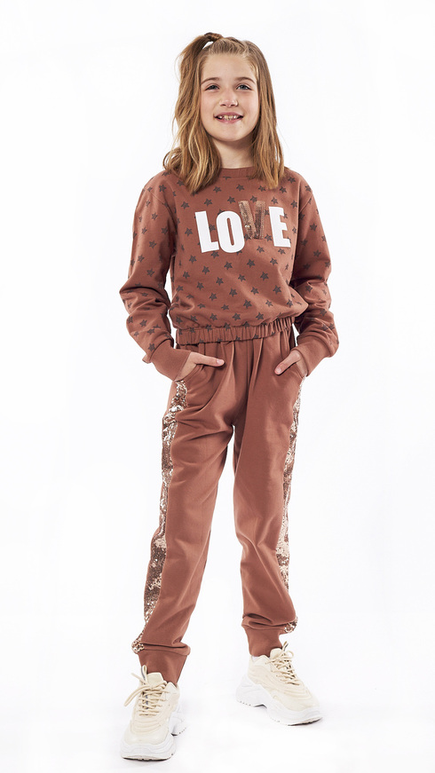 EBITA tracksuit set, brown blouse and pants with sequins.