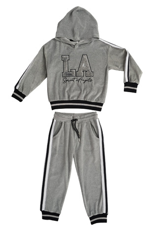SPRINT velor jumpsuit set in gray with a hood and sequin print.