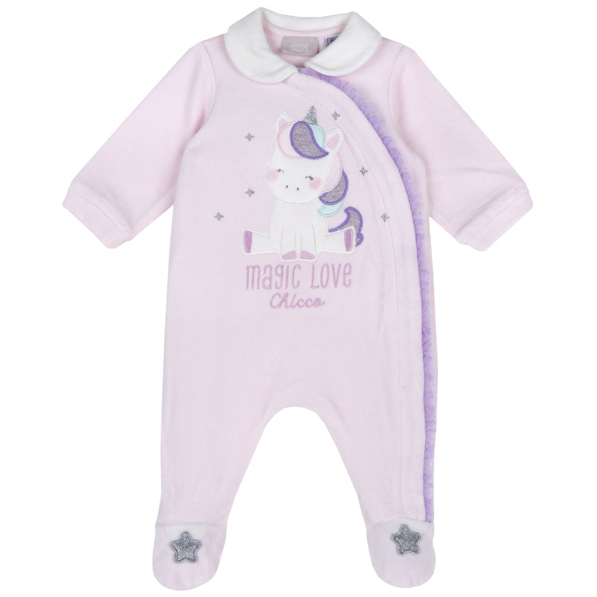 CHICCO velor bodysuit in pink with unicorn.