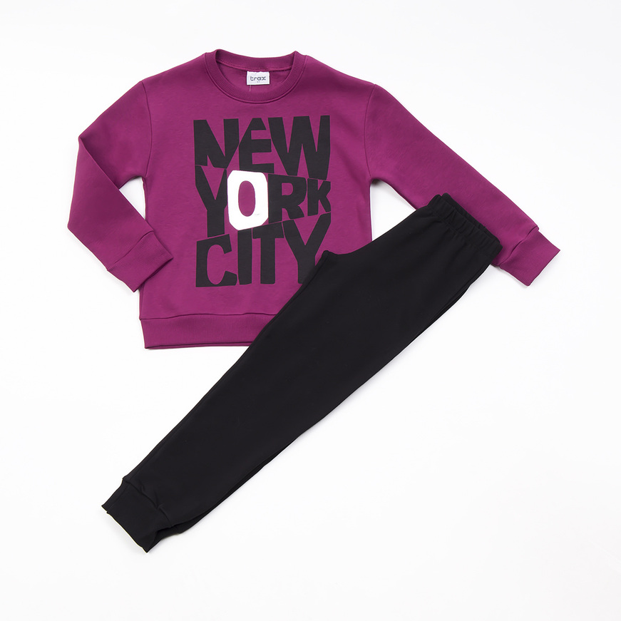 TRAX jumpsuit set in purple with "NEW YORK CITY" print.