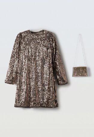 EVITA velvet dress in beige color with sequins and matching bag.