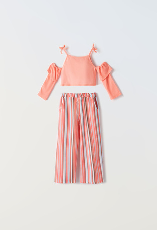 EBITA pants set in orange color with striped pattern.