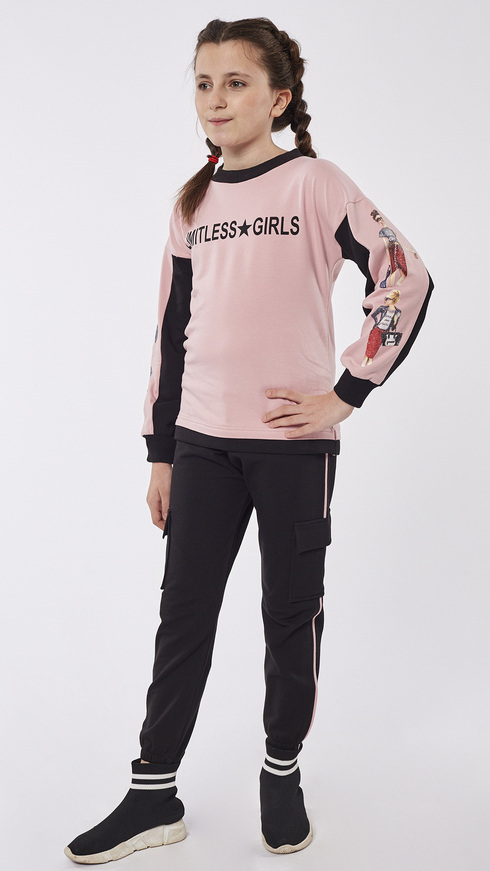EBITA tracksuit set, pink printed blouse and sweatpants with pockets.