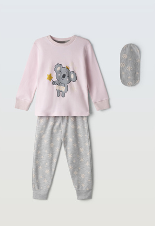 HOMMIES pajamas with matching sleep mask in pink and gray.