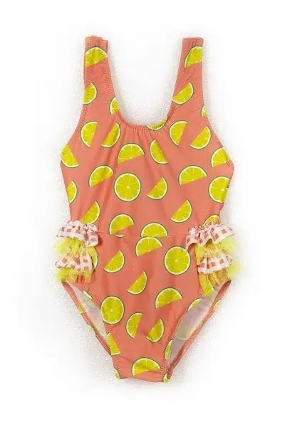 TORTUE one-piece swimsuit in coral color with ruffles.