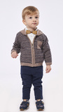 Set of 3 pcs. HASHTAG, knitted cardigan, bow tie shirt and striped fabric trousers.