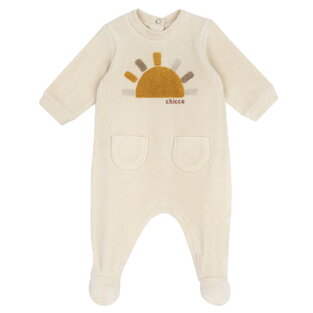 CHICCO velor bodysuit in beige color with embossed sun print.