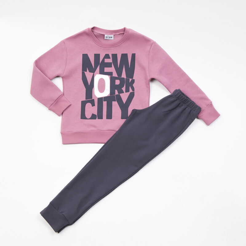 TRAX jumpsuit set in pink with "NEW YORK CITY" print.