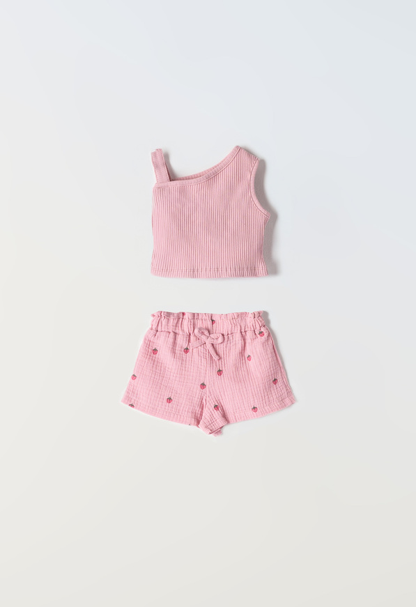 EBITA linen shorts set in pink color with all over strawberry print.