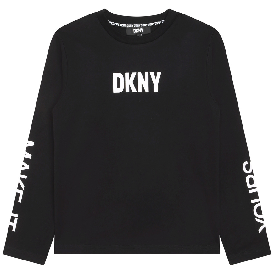 Blouse D.K.N.Y. in black color with "MAKE IT YOURS" logo on the sleeves.