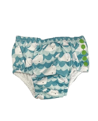 Swimwear diaper TORTUE in turquoise color with all over whale print.