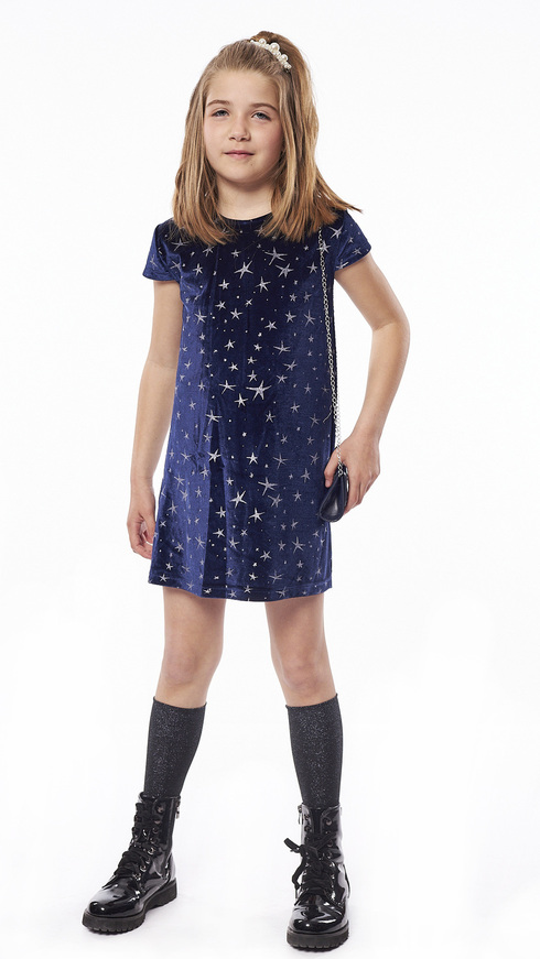 EBITA velor dress in blue with stars.