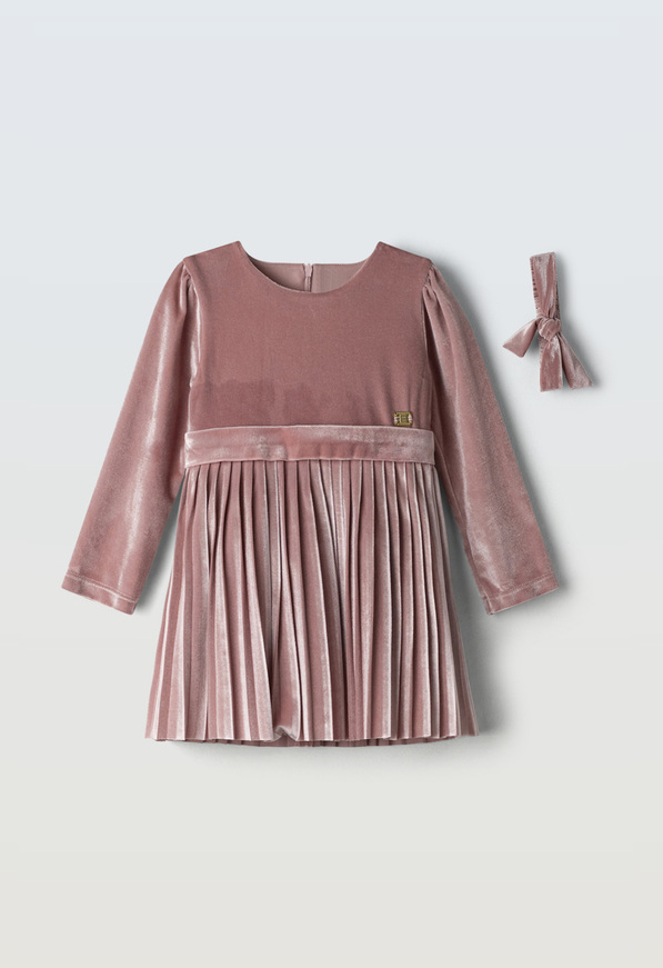 Φόρεμα βελουτέ ΕΒΙΤΑ, με ασορτί κορδέλα, σε ροζ χρώμα.