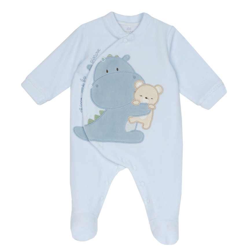 CHICCO velor bodysuit in siel color with appliqué embroidery.