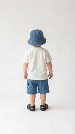 TRAX denim bermuda shorts set in white with matching hat.