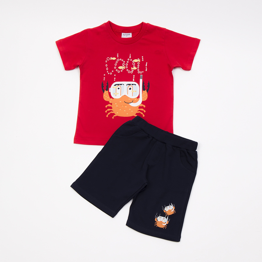 TRAX shorts set, red shirt with crab and cotton shorts.