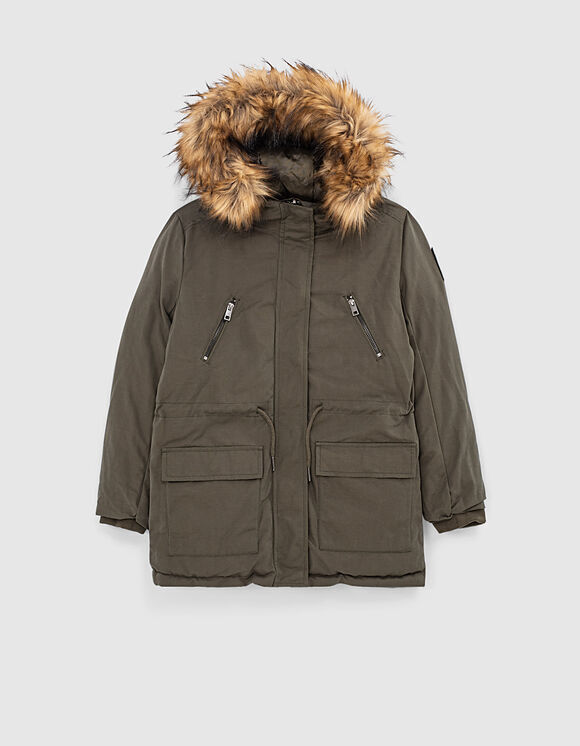IKKS 2-way jacket in khaki color with hood.