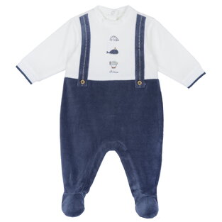 CHICCO velor jumpsuit with dungarees pattern in blue and white.