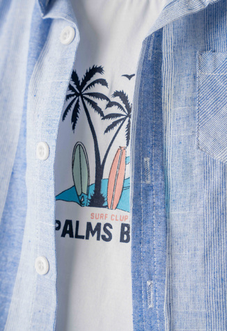 Σετ 3 τεμ. HASHTAG, πουκάμισο σε χρώμα σιέλ,  μπλούζα και τζιν βερμούδα με αποσπώμενες τιράντες.