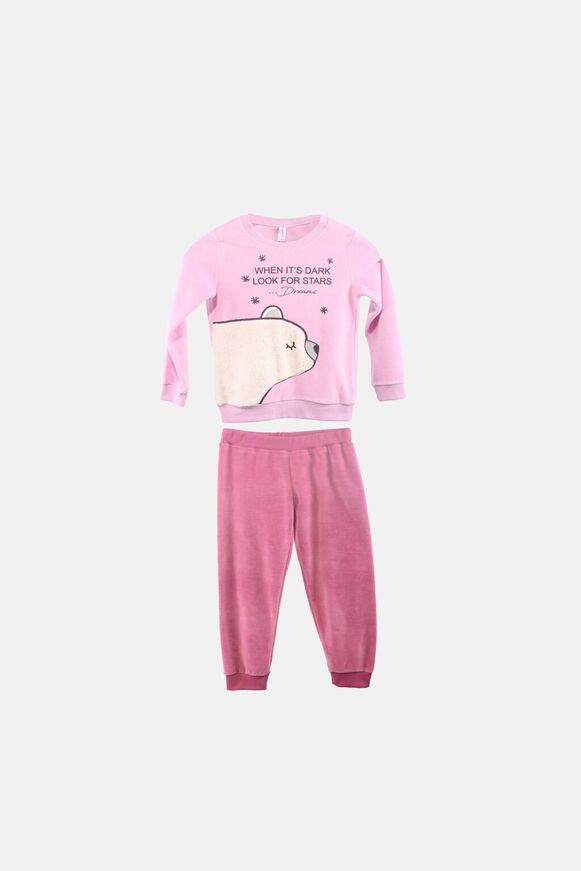 DREAMS velor pajamas in soft pink color with teddy bear print.
