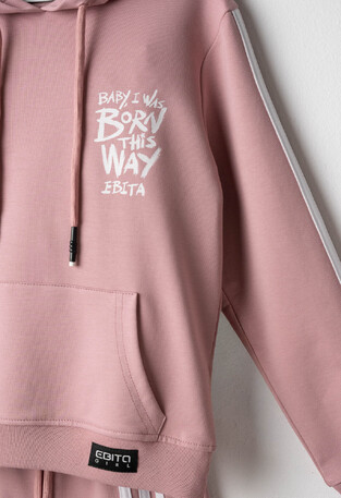 EVITA seasonal jumpsuit set in pink with a hood.