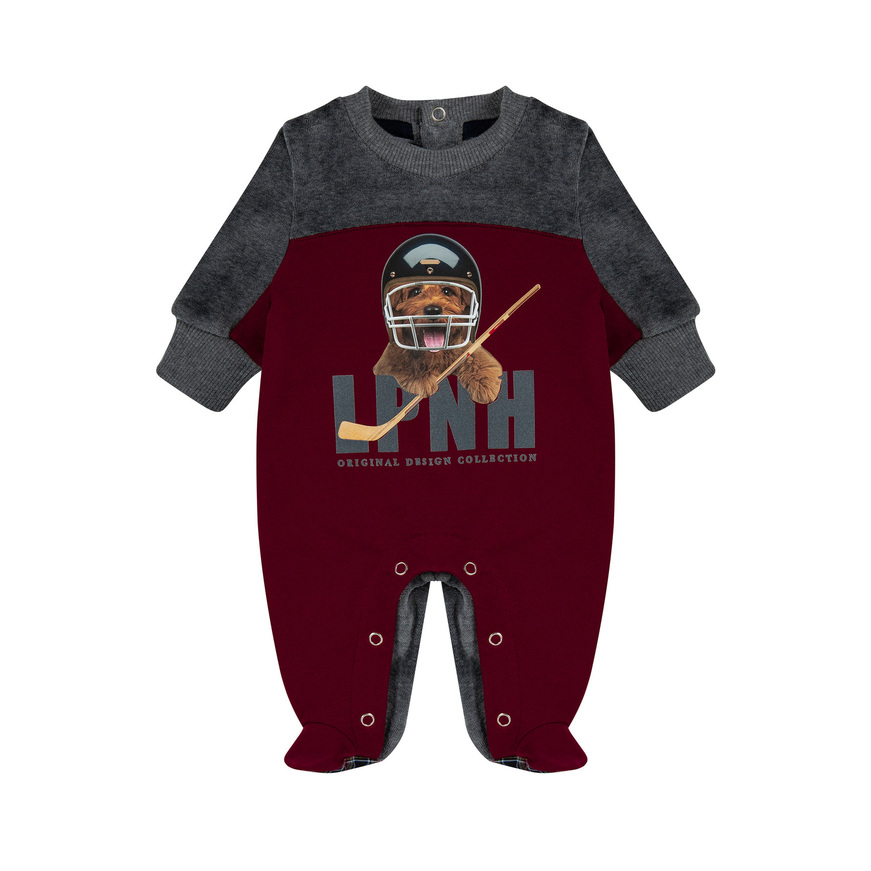 LAPIN velor bodysuit with two-tone burgundy and gray.