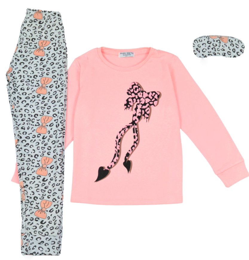 Hommies pajamas in salmon color and matching sleep mask.