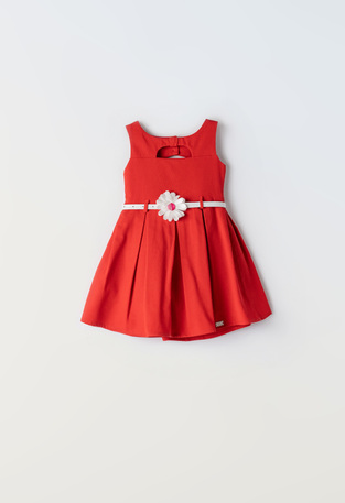 EBITA dress in red with pleats.