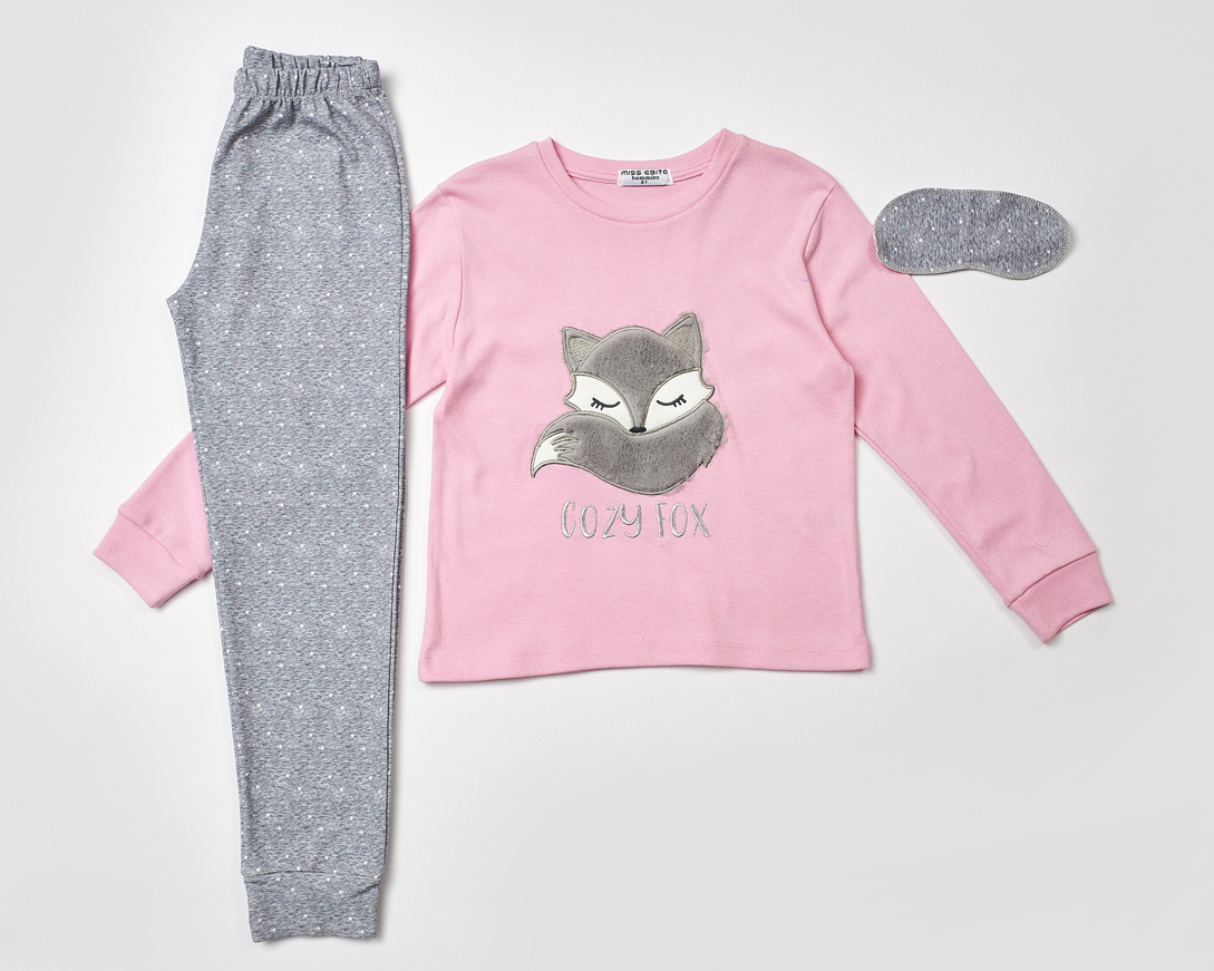 HOMMIES pajamas in pink with an embossed fox print and matching sleep mask.