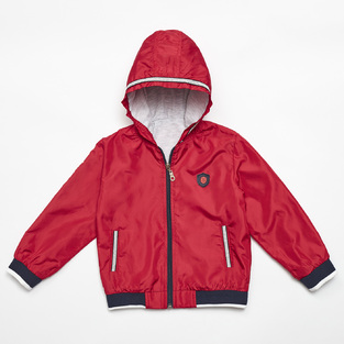 HASHTAG seasonal jacket in red color with hood.