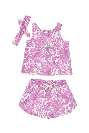 SPRINT shorts set in white with lilac and matching hair ribbon.