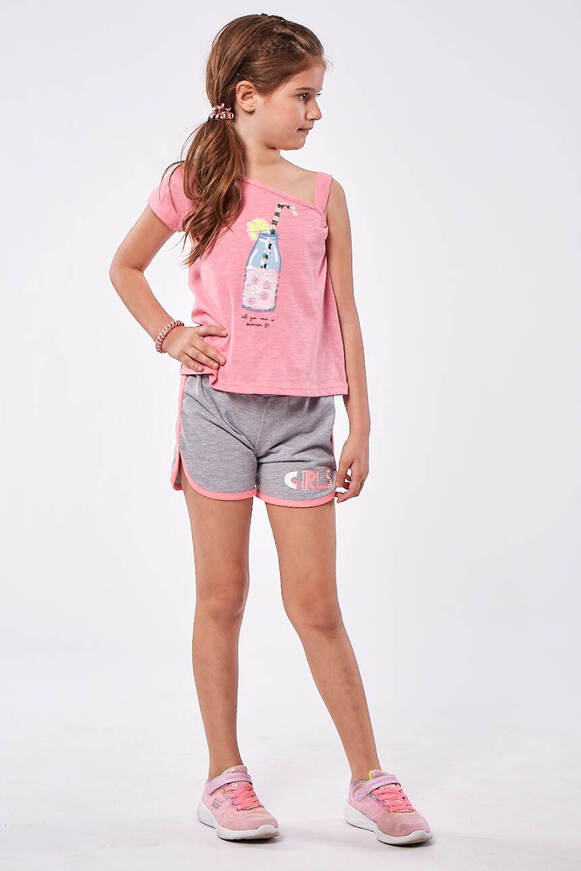 EBITA shorts set, pink one-shoulder top and cotton shorts.