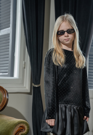 EBITA velvet dress in black with rhinestones.