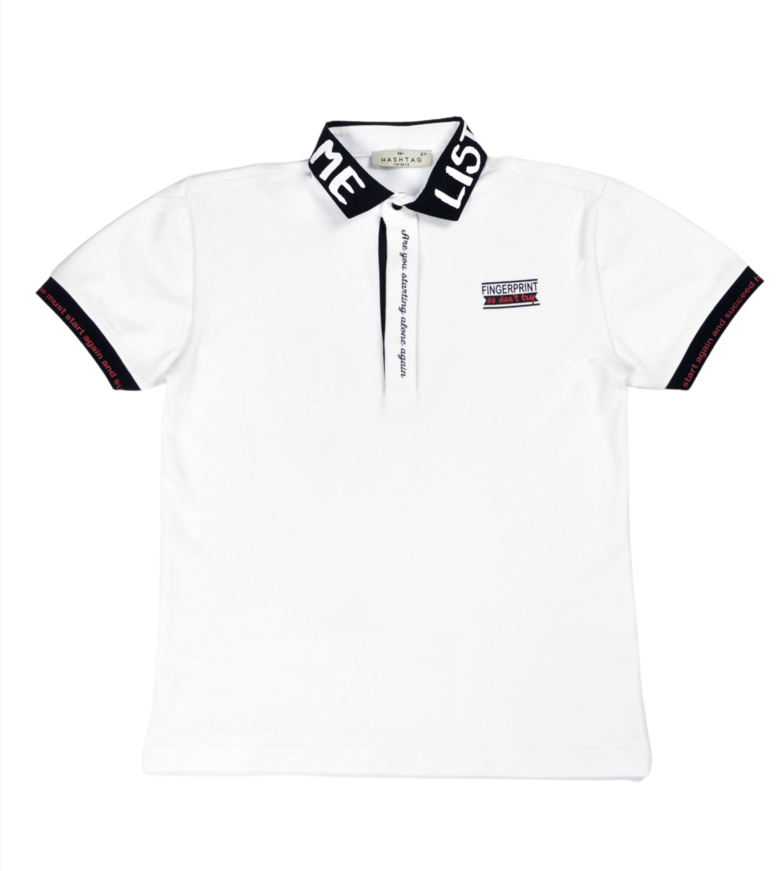 HASHTAG pique polo shirt in white color with print on the collar.