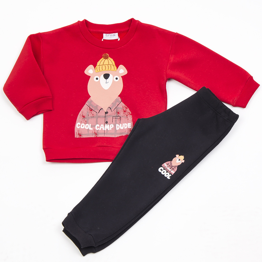 TRAX tracksuit set in red with embossed teddy bear print.