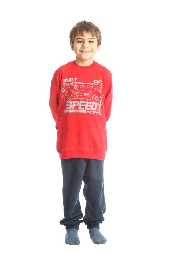 DREAMS pajamas in red with embossed print.