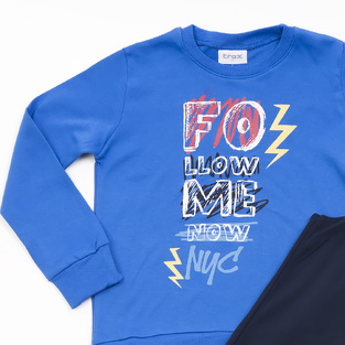 TRAX pajamas in roux blue with embossed print on the front.