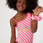 BILLIEBLUSH one piece swimsuit in pink striped color with matching hair scrunchie.
