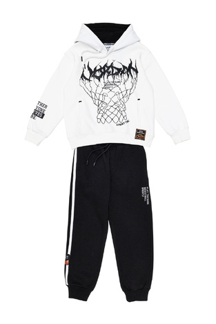 SPRINT jumpsuit set with integrated waterproof hood in soft ecru with black color.