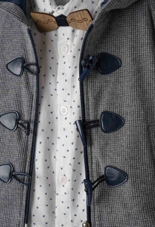 Set of 3 pcs. HASHTAG, bow tie shirt, suspender pants and hooded coat.