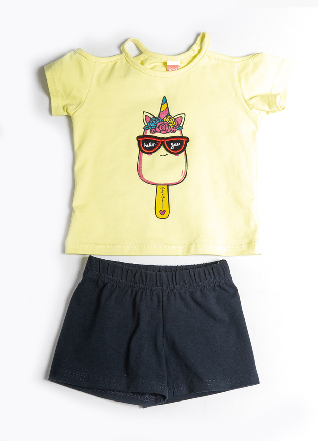 JOYCE shorts set, yellow blouse with embroidery and blue shorts.