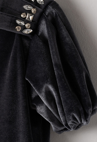 EBITA velor dress in gray color with diamonds.