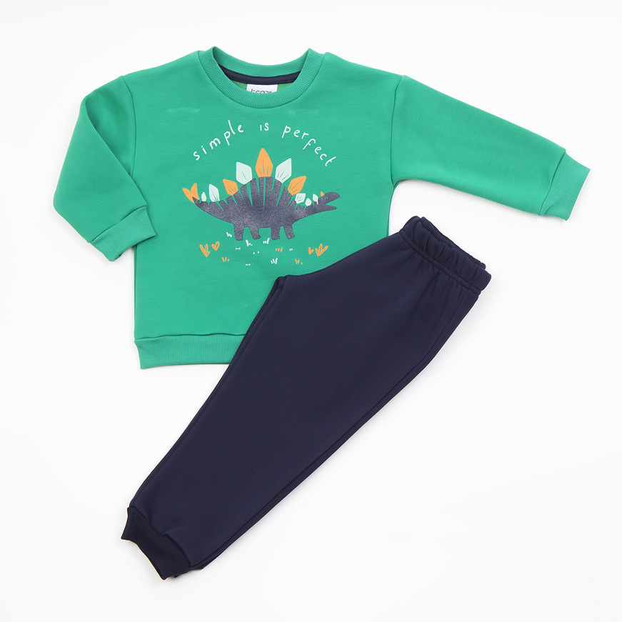 TRAX suit set in green color with embossed dinosaur print.