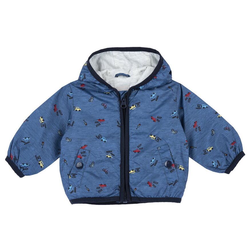 CHICCO seasonal jacket in blue raff color with all over car print.