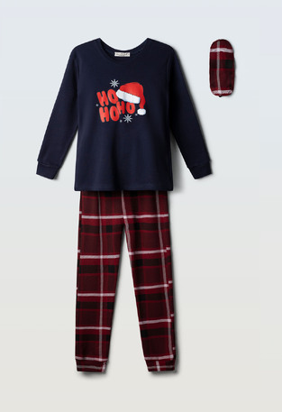HOMMIES Christmas pajamas with matching sleep mask in dark blue-burgundy color.